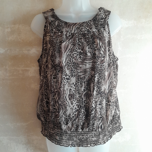 305a. brown vintage First Option leopard print sleeveless blouson y2k top, M - Picture 8 of 8
